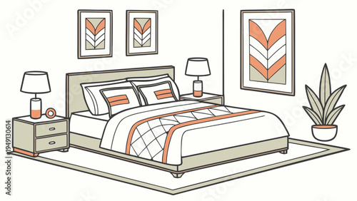 A minimalist vector illustration of a modern bedroom with a bed, nightstands, and decorative artwork