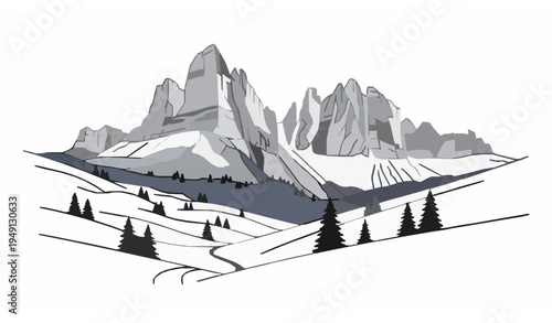 Val di Fassa Dolomite Mountains Landscape Vector Illustration Trentino Italy