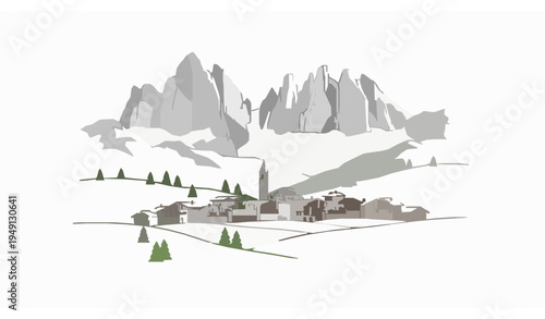 Val di Fassa Alpine Village and Dolomite Peaks Scenic Vector Illustration