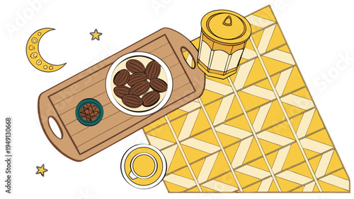 A vector graphic illustration of a traditional Ramadan iftar setup with dates, water, and a prayer mat on a white background