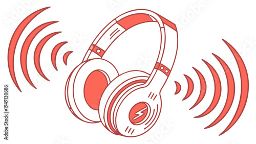 A vector graphic illustration of red and white wireless headphones with sound waves