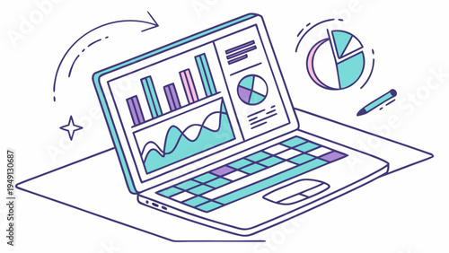 A vector graphic illustration of a laptop with colorful charts and graphs on the screen, surrounded by data visualization elements.