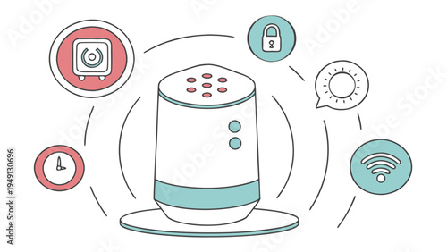 A vector graphic illustration of a smart home device with various icons representing security, connectivity, and control.