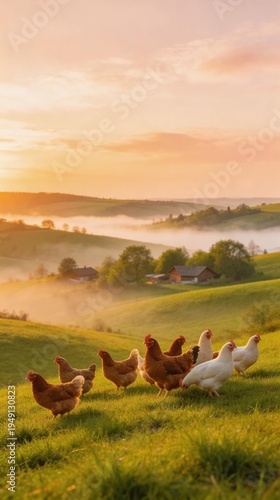 Free range chickens walking on green meadow at sunrise in rural countryside with misty hills and farm village in background, organic farming and sustainable agriculture concept