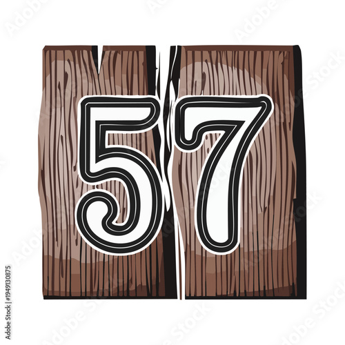 Graphic illustration of the number fifty seven on a wooden block