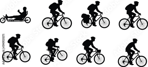 Collection of Cyclist Silhouettes Featuring Various Bicycles Like Mountain Bikes Road Bikes Recumbent Bike and Commuter Bikes with Riders Wearing Backpacks and Helmets Vector Set
