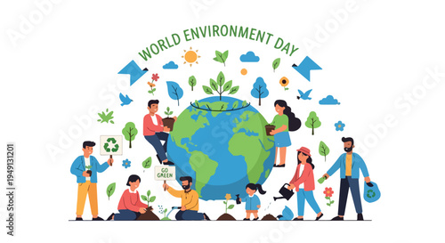 Illustration of diverse people with eco-friendly actions around the Earth on World Environment Day with a colorful and symbolic composition.