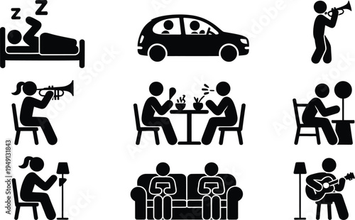 Silhouette icons of people engaging in various activities