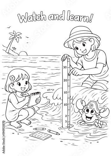 coloring book mother and daughter measuring tide depth with a staff while watching the lobster learn