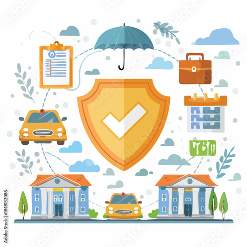 Insurance concept illustration with shield umbrella cars buildings and documents