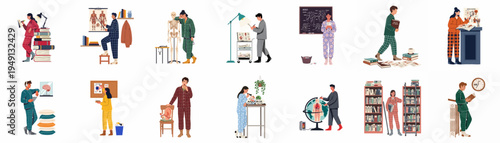 Diverse medical students in pajamas studying anatomy and biology late at night, featuring anatomical models, textbooks, and diagrams in a flat vector style.