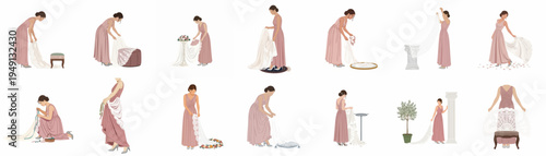Set of Minimalist Illustrations of Elegant Women in Mauve Dresses Preparing Delicate White Lace Veils and Bridal Accessories for a Wedding Ceremony.