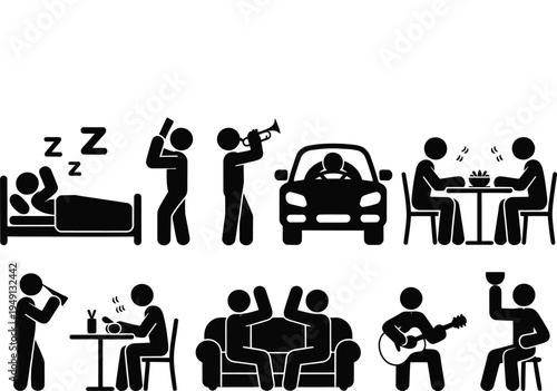 Silhouette icons of people engaging in various leisure activities