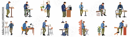 Set of illustrations showing a young freelancer working, writing, and drinking coffee in various cafe and office environments.