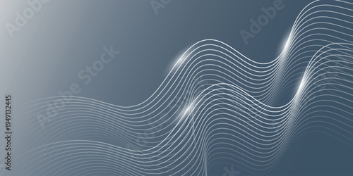 Abstract gray and white gradient background with glowing white wave lines. Modern dynamic flowing wave line design with halo effect. VOL. 3