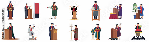 Diverse collection of graduation characters in caps and gowns giving speeches at podiums and celebrating academic success, class of 2024 illustrations.