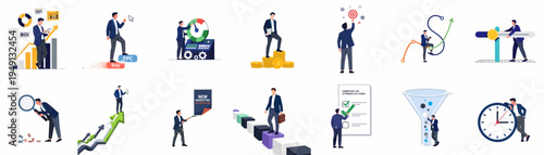 Set of professional business and digital marketing concept illustrations featuring a businessman managing growth, ROI, campaigns, time, and data analysis.