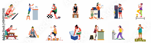 Illustrations of contestants in a spicy chili pepper eating competition, showing various reactions and cooling methods like drinking milk.