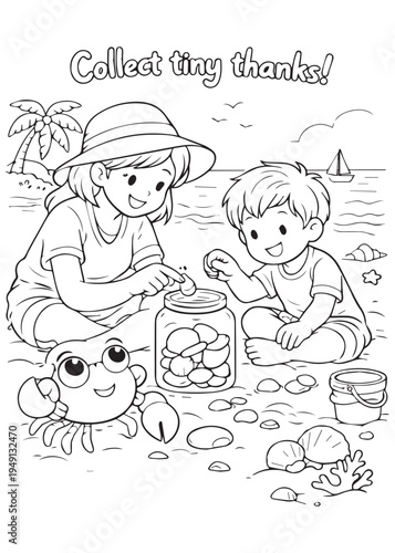 coloring book mother and son collecting shells and jarred treasures to say thanks to the sea