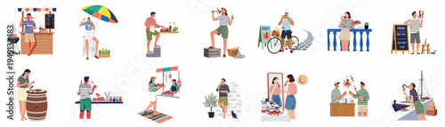 Flat vector illustration set of people enjoying grilled octopus seafood at various coastal and Mediterranean summer locations.