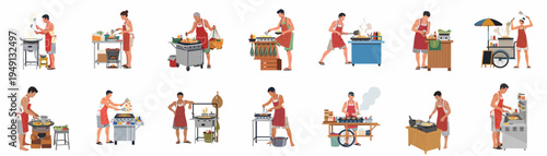 Collection of flat illustrations depicting various Asian street food vendors cooking diverse dishes on carts and stalls, isolated on a white background.