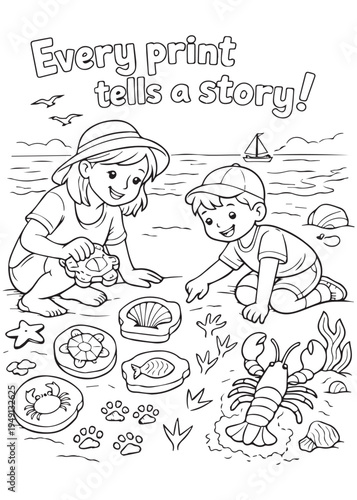 coloring book mother and two kids pressing sea creature prints into clay, every print tells a story
