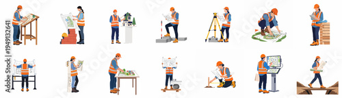 Collection of flat vector illustrations featuring construction workers, engineers, and architects reviewing blueprints and site plans with professional equipment.