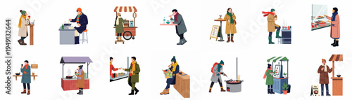 Vector illustration collection of diverse people in warm winter clothing enjoying various delicious street foods from outdoor stalls and carts.