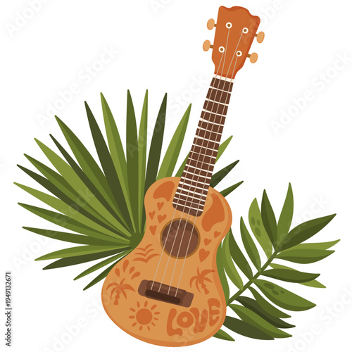 Flat vector illustration of ukulele with tropical palm leaves. Summer beach music element for vacation themes, island travel design, tropical parties and seaside graphics