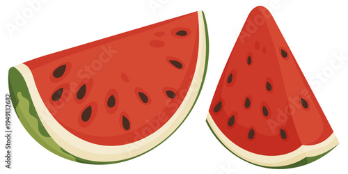 Flat vector illustration of watermelon slices with seeds. Fresh summer fruit isolated element for food design, picnic themes, healthy snacks and seasonal graphics
