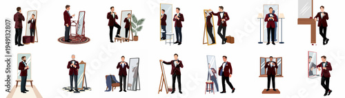 A collection of illustrations showing elegant men in burgundy tuxedos getting ready in front of mirrors for a formal event or wedding.