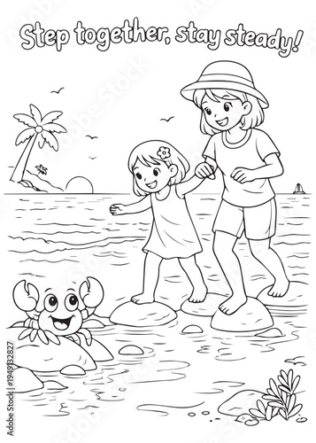 coloring book mother and daughter walking on stepping stones together, staying steady by the tide