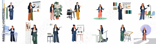 Set of flat illustrations featuring a professional businesswoman in various office and leadership scenarios, including presentations, meetings, and daily work tasks.