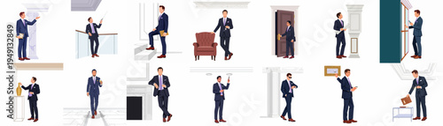 Comprehensive collection of professional businessman character illustrations in various luxury home and office scenarios, showcasing interior design, real estate, and lifestyle themes.