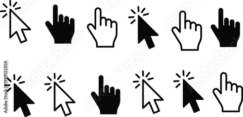Cursor click pointer and hand touch gesture icon set including mouse arrow tap finger outline solid symbols isolated vector