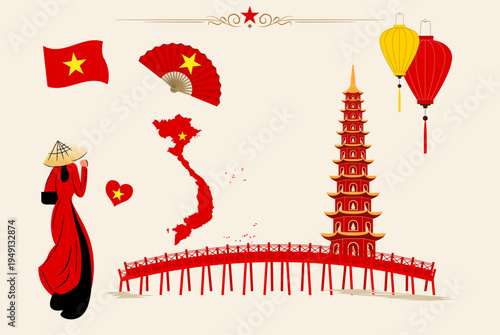 Vietnam Landmark and Cultural Symbols Vector Set Map, Pagoda Tower, Lanterns, Ao Dai Woman