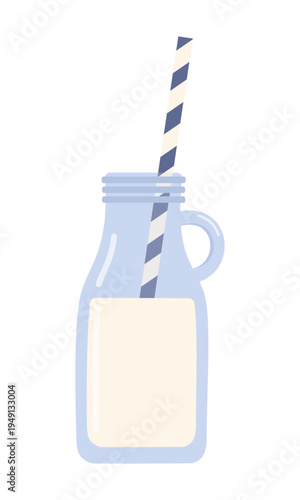 Glass jar with milk and striped drinking straw. Flat vector illustration of dairy beverage in mason jar mug isolated on light background. Drink container for cafe menu, packaging and food design.