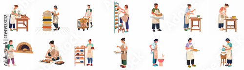 Collection of diverse women bakers performing various steps of bread making process in a bakery, flat illustration style.