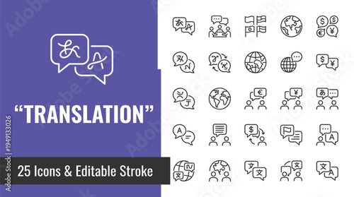 Translation icons set for global communication and language exchange