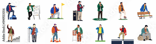 Collection of fourteen diverse male sports coaches and team staff illustrations in various professional poses, including coaching, strategizing, and training on white background.