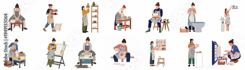 Set of diverse women pottery artists working in their studio, creating ceramic art through various stages from wheel throwing to kiln firing.