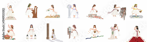 Set of illustrations depicting adorable flower girls in white dresses and floral wreaths, performing various tasks like scattering petals at a wedding ceremony.