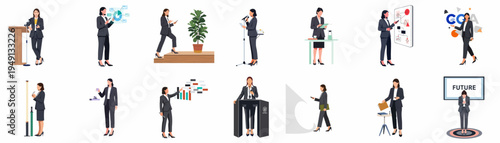 Set of flat vector illustrations featuring a confident businesswoman in multiple professional situations like presenting, speaking at a podium, and analyzing business data.