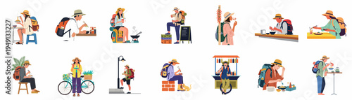 Collection of flat style illustrations of backpackers and travelers enjoying street food, noodles, and local snacks in various travel scenarios.