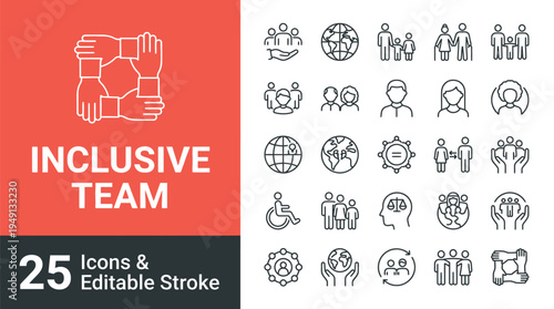 Inclusive team icons set for diversity and teamwork concepts with editable stroke