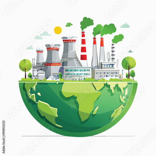 Industrial complex on planet earth illustration for environmental awareness