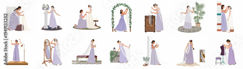 Set of flat vector illustrations depicting bridesmaids in purple dresses preparing for a wedding, assisting the bride, and arranging floral decorations and veils.