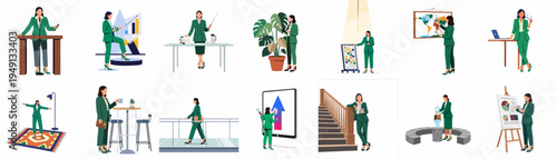 Set of flat vector illustrations showcasing a professional businesswoman in various office and work scenarios, all wearing a stylish green suit.