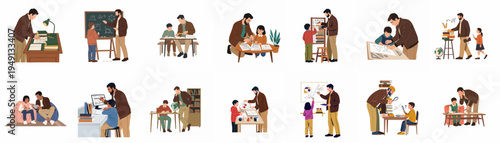 Flat illustration set of a father teaching and helping his children with homework, educational activities, and learning various subjects at home.