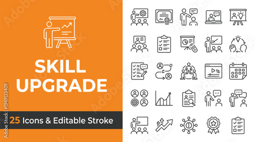 Business skill upgrade icons set for professional development and training